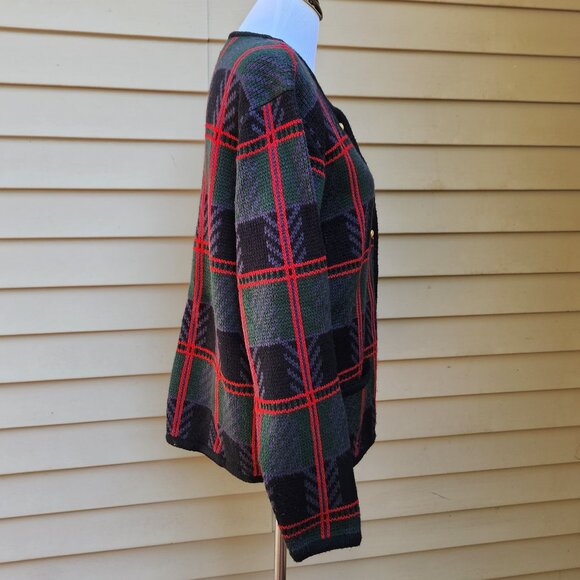 VTG Liz Baker Multicolor Plaid Cardigan Sweater Pockets Gold Buttons Grandma - Picture 11 of 13